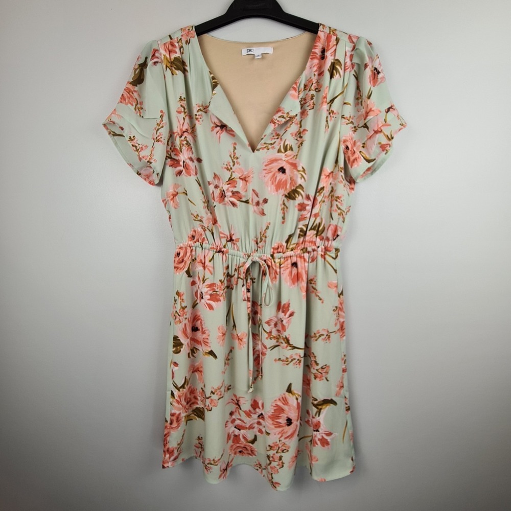 DR2 by Daniel Rainn Mint Green Floral Dress Small Gathered Waist Short Sleeeve